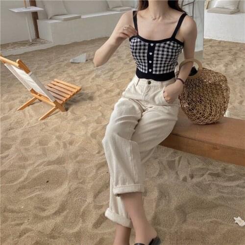 Summer Womens Vintage Plaid Knit Camisoles Sleeveless Buttons Trim Tank Tops Navel Sling Harajuku Sexy Vests For Women One Size