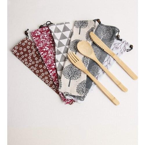 Reusable Elegant Retro Wooden Cutlery Bamboo Flatware With Bags Dinnerware Spoon Fork Chopsticks Portable Dinnerware Set