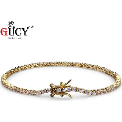 GUCY Hip Hop 2mm Men 1 Row Tennis Chain Bracelet Gold Color Iced Out Micro Pave Lab D Stud Earrings With Screw Back For Gift