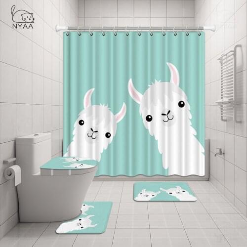 NYAA Alpaca Cactus Waterproof 3D Print Shower Curtain 4 Piece Carpet Cover Toilet Cover Bath Mat Pad Set Bathroom Curtain