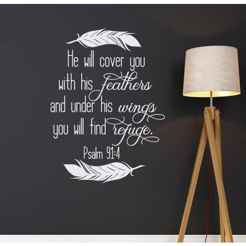 He Will Cover You With His Feathers PSALM 91:4 Scripture Wall Decal Christian Bible Verse Wall Sticker for Home Wall Decor C871