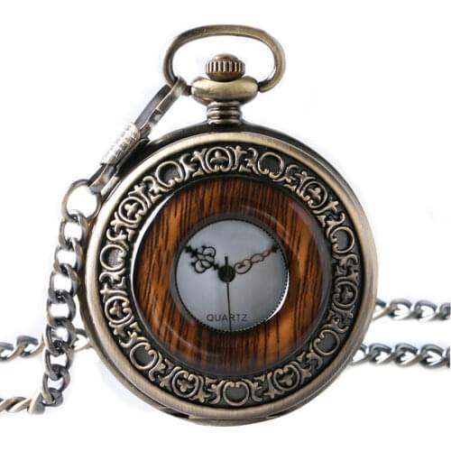 Imitation Wood Necklace for Men Women Elders Seniors Gifts Watches Vintage Retro Quartz Pocket Watch Pendant with Short Chain