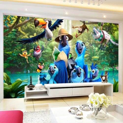 Custom Photo Mural Wallpaper 3D Cartoon Blue Parrot Poster Childrens Room Bedroom Background Wall Non-woven Wallpaper De Parede