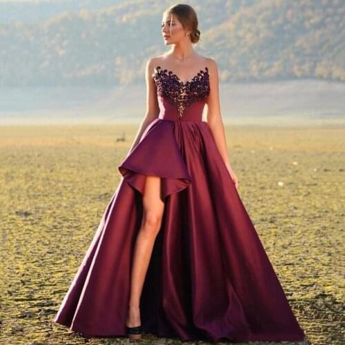 Sexy Prom Dresses Illusion Crystal Beading Satin Evening Dress Burgundy Backless Long Side Split Formal Party Gown