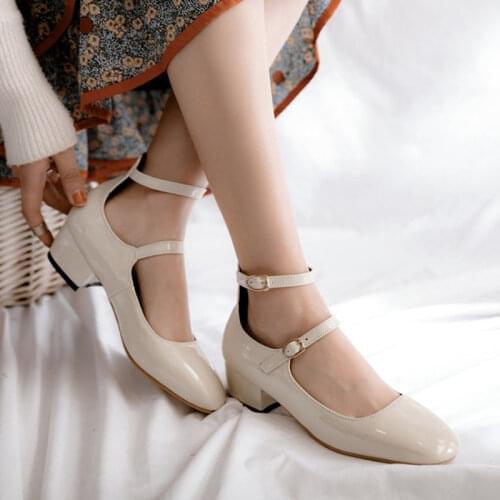 Roman Gladiator Shoes Women Square Toe Patent Leather Double Buckle Ankle Strap Mary Jane Shoes Woman Block Heels Nude Pink Pump