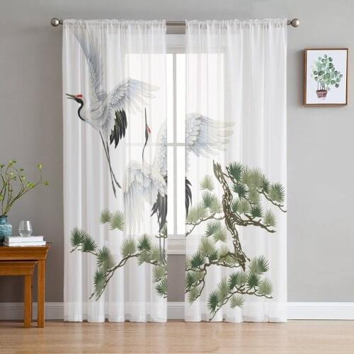 White Crane Pine Tree Art Tulle Window Curtain for Living Room Modern Sheer Curtain for Bedroom Kitchen Drapes Custom
