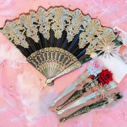 Vintage Lolita Victorian Gothic Women Lace Hand Fan Rose Gothic Fans For Tea Party Halloween Cos Props Birthday Gift Cosplay