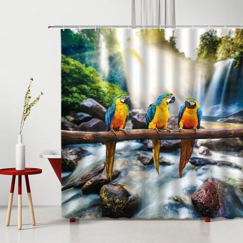Green Plant Bird Bathroom Decor Jungle Parrot Waterfall Printing Curtains Sandy Beach Parrots Animal Shower Curtain Waterproof