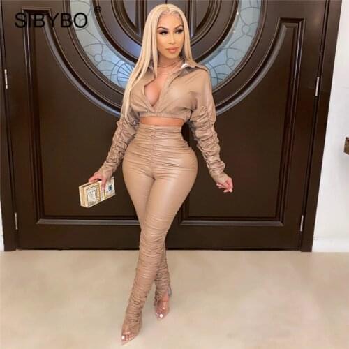 Sibybo Black Faux PU Leather Matching Sets Women Pullover Crop Tops And Stacked Leggings Suit Female Two Piece Outfits Sexy Club