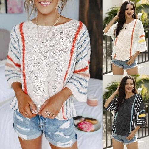 2021 Women Knitted Striped Patchwork Tops O Neck Long Sleeve Autumn Winter Sweater Womens Clothing femme
