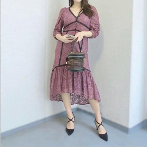 Heavy Work Lace Hook Flower Elegant Dress V-neck Folds Half Sleeve Trumpet Robe Femme Spring 2021 Patchwork Vestido De Mujer