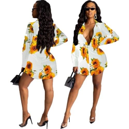 Casual Fashion Multicolor Shirt Women Dress Sunflower Print High Street Women Outfits Long Sleeve Turn-down Collar Button Dress