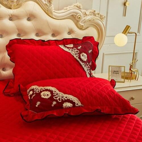 1 Pair Quilted Lace Pillowcase Cotton Rectangle Bedding Home Decor Pillow Sham Cover 48x74cm Bedroom European Red Solid Color