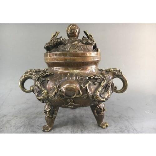 11'' Copper carved auspicious beast animal Nine Dragon incense burner censer