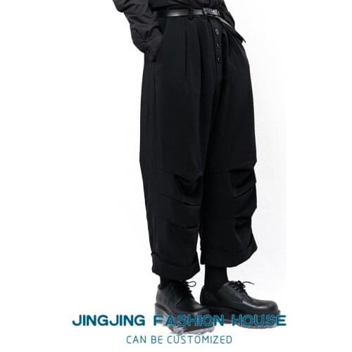 S-6XL!!2021 mens casual trousers wide leg trousers culottes wrinkled irregular black trousers