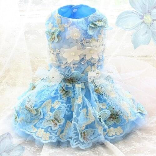 Free Shipping Handmade Dress Dog Clothes Lace Butterfly Light Blue Flowers Tutu Evening Party Gown Pet Cat Wedding Poodle