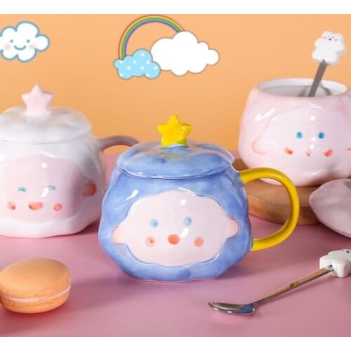 450ml Kawaii Cloud Ceramic Mug With Lid Spoon Creative Personality Home Travel Mug Teacup Cute Breakfast Mugs Coffee Cup Gift