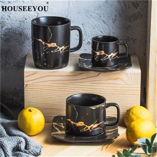 HOUSEEYOU Ceramic Tea Cup and Saucer Set Creative Golden Design Porcelain Afternoon Teacup Set Black Coffee Cup Set Drinkware