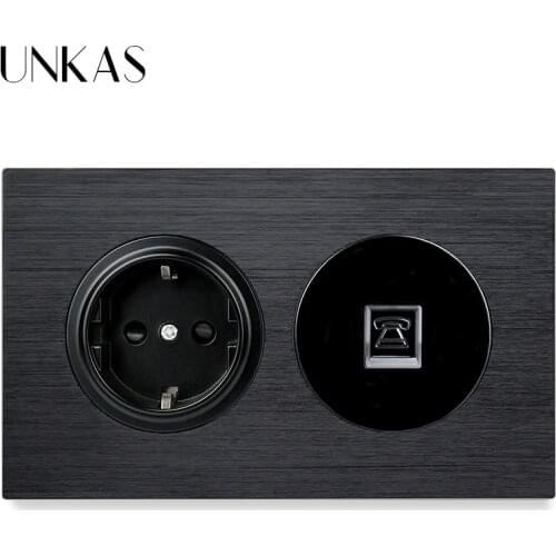UNKAS 16A EU Standard Port + Female RJ11 Telephone Jack Wall Socket 146MM*86MM Black Aluminum Panel Outlet