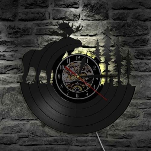 Woodland Deer Retro Vinyl Record Wall Clock Antler Forest Elk King With Pine Tree Hunting Wall Clock Hunter Gift Idea klokken