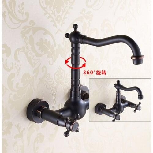 Wall Mounted Dual Handle Three Holes Black Faucet Hot and Cold Mixer Tap