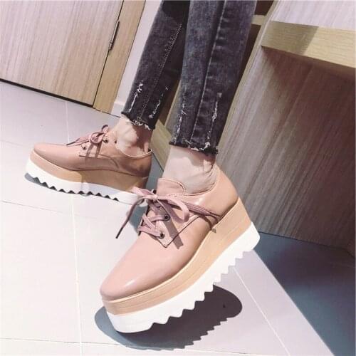 Autumn New Square Head Platform Wedge High Heels 7cm Lace Up Casual British Gothic Lolita Shoes Fashion Pu Cosplay Harajuku Cute