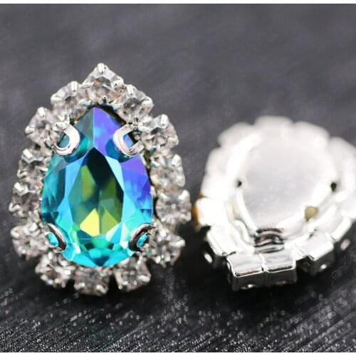 New glass rhinestones teardrop sew on Sliver base crystal button Sea blue fluorescence crystals rhinestones nail art accessories