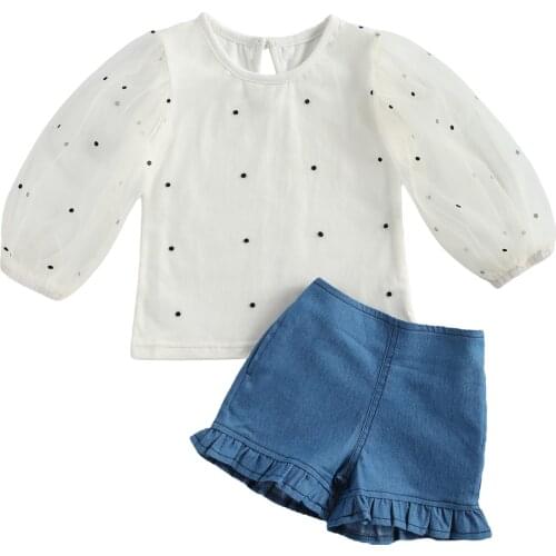 OPPERIAYA Toddler Baby Contrast Color Two-pieces Summer Set Infant Girls O-neck Long Sleeve T-Shirts Denim Short Pants Set