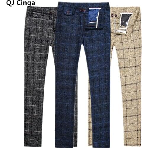Autumn Winter Mens Plaid Pants British Slim Fit Dress Pants Men Plus Size Pantalon Carreaux Homme Casual Formal Trousers for Men