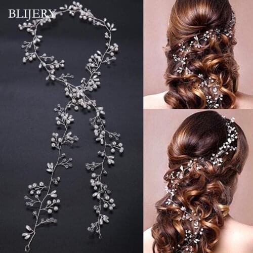 BLIJERY Trendy Handmade 100cm Long Headbands Pearl Rhinestone Crystal Women Wedding Hair Jewelry Fashion Bridal Hair Accessories