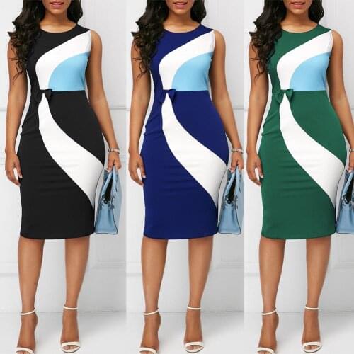 S-5XL Office Lady Sleeveless O Neck Color Block Bow Decor Bodycon Knee-length Dress length vestidos summer dresses Summer 2020