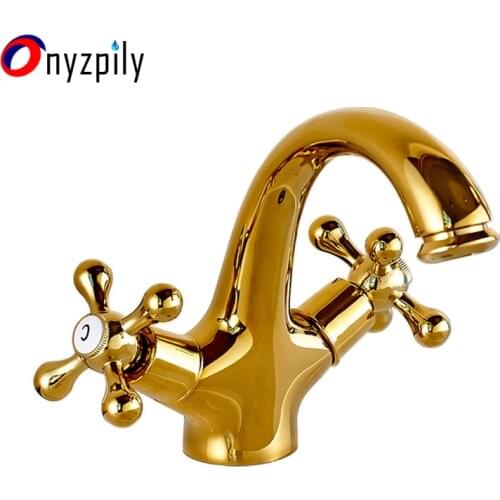 Golden Finished Bathroom Basin Hot and Cold Water Mixer Faucet Deck Mounted Taps