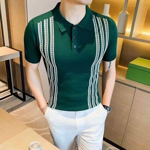 Social Knitting Slim Polo British Style Stripes Polo Shirt Men Summer Short Sleeve Mens Polos Slim Fit Casual Polo Homme 3XL