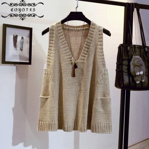 Sweater Vest Women Solid Knitted Pocket V-neck Vests Sweaters Womens Korean-style Simple Spring Loose Leisure Trendy Chic