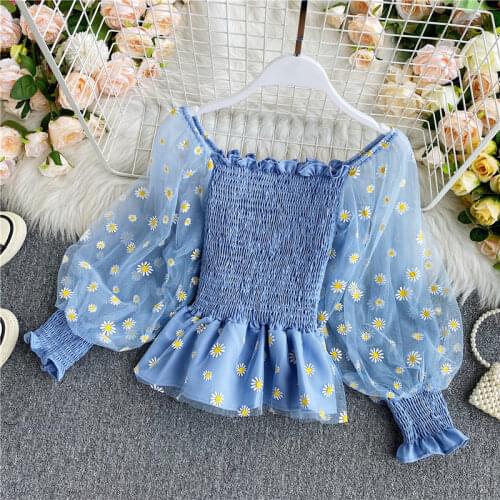 Summer Floral Tops Women Sweet Girls Slim Waist Short Puff Sleeves Crop Tops Tunics Slash Daisy T Shirts Female Camisetas Mujer