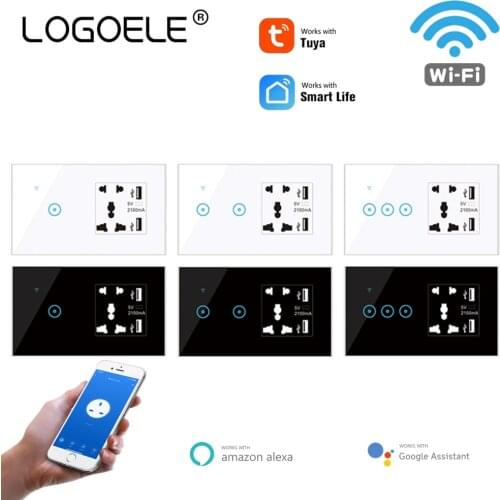 Universal Tuya WIFI Switch Smart Plug 1-2-3 gang with Double USB Socket,Touch Glass Panel Wall Switch Compatible Alexa Google