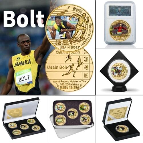 WR Sprint World Record Holder Gold Plated Commemorative Coins Set with Coin Holder Jamaica Sports Collectibles Souvenir Gifts