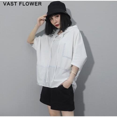 Women White Patchwork Plus Size T-Shirt New Hooded Half Sleeve Loose Casual Solid Color Tshirt Tops Fashion Clothes Summer 2021