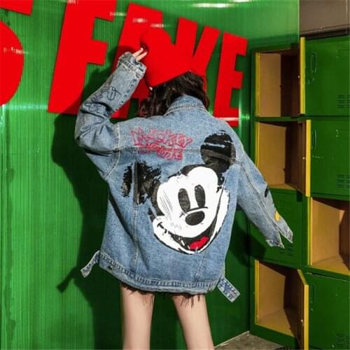 Disney Cartoon Denim Jacket Mickey Minnie Mouse Oversized Long Sleeve Casual Jeans Coat Female Harajuku Casual Streetwear Women