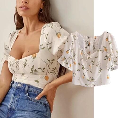 Indie Folk Vintage Square Collar Lemon Print Elegant Sexy Blouse Women Blusas Mujer De Moda 2020 Shirt Women Short Top