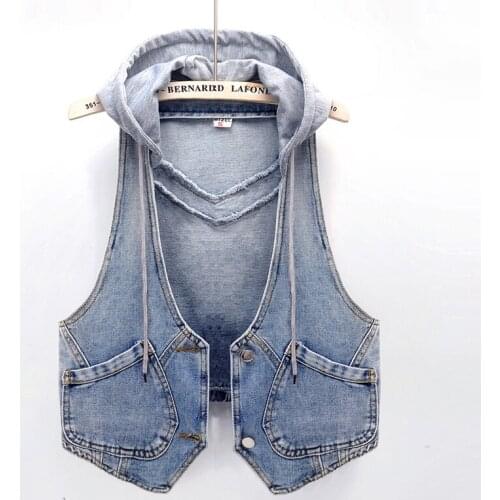 Korean Removable Hooded Womens Light blue Short Denim Vest Slim Plus size New 2021 Autumn Casual Jean Waistcoat Chaqueta Mujer