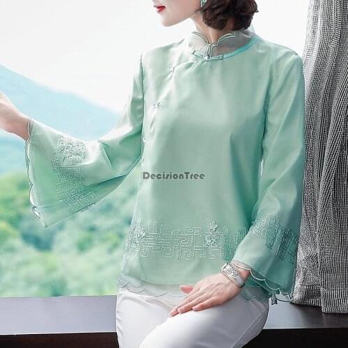2021 vintage mandarin collar women qipao blouse classic floral embroidery cheongsam full sleeve elegant satin chinese qipao top