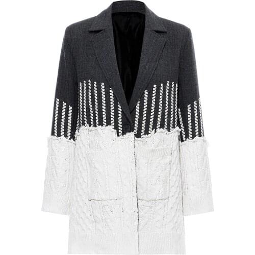 Women Long Woolen Coat Jacquard Colorblock Heavy Weight Autumn Winter Coat Women 2020