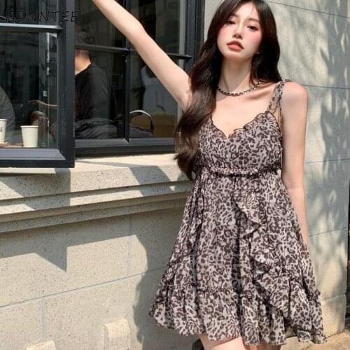 Sleeveless Dress Women Korean Style Spaghetti Strap Leopard V-neck Sexy Elegant All-match Female Vestido Fashion Summer New Cozy