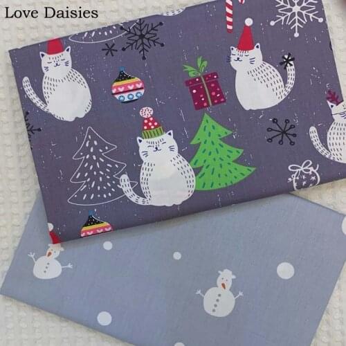 100% Cotton Twill PURPLE BLUE Cartoon Christmas Cat Gift Pine Snowman Dot Fabric for Kid Sheet Cushion Quilting Home Decor Craft