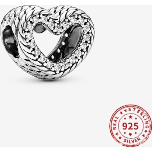 2020 Original 100% Real 925 Sterling Silver Beads snake chain pattern open heart charm Fit Pan Bracelet DIY Women Jewelry