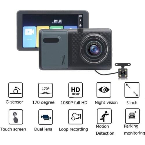 Car DVR 5.0" Touch Screen Full HD 1080P Dual Lens Rear View Dash Cam Camera Video Recorder Monitor Motion Detector Car Camcorder