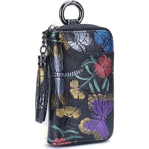 Flower Genuine Leather Key Wallet Woman Holder Keychain Pouch Purse Zipper Design Coin Purse Pocket Cash Walet Slim Vallet Women