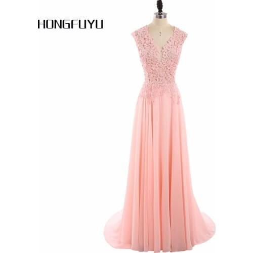 Long Elegant A Line Lace Appliques 2017 Evening Dresses Long Formal V Neck Pink Party Gowns Custom Made x72501