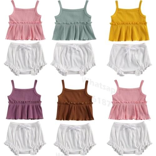 0-24M Newborn Baby Girls Summer Clothing 2pcs Outfit Set Solid Color Knitted Tank Top+Bow Triangle Shorts Set for Kids Girl